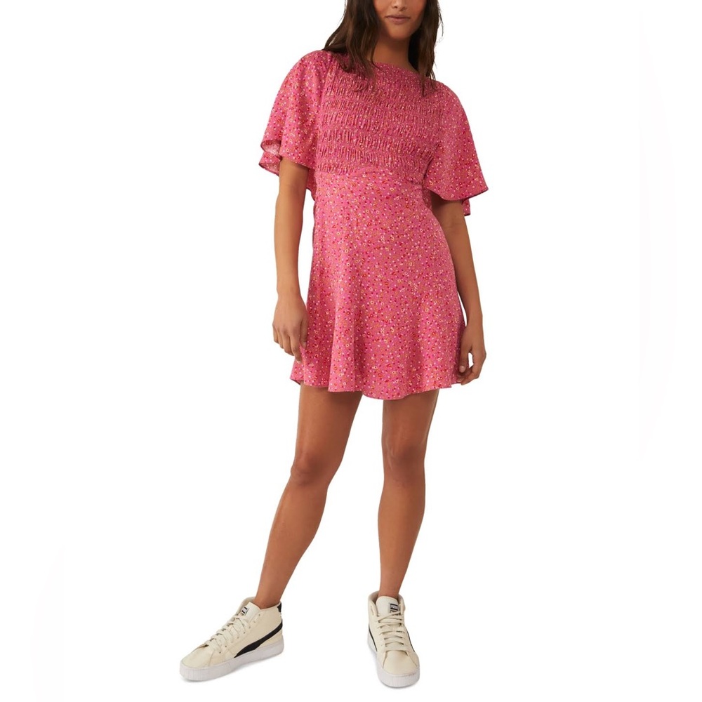 Free People Pink Smocked Flutter-Sleeve Mini Dress